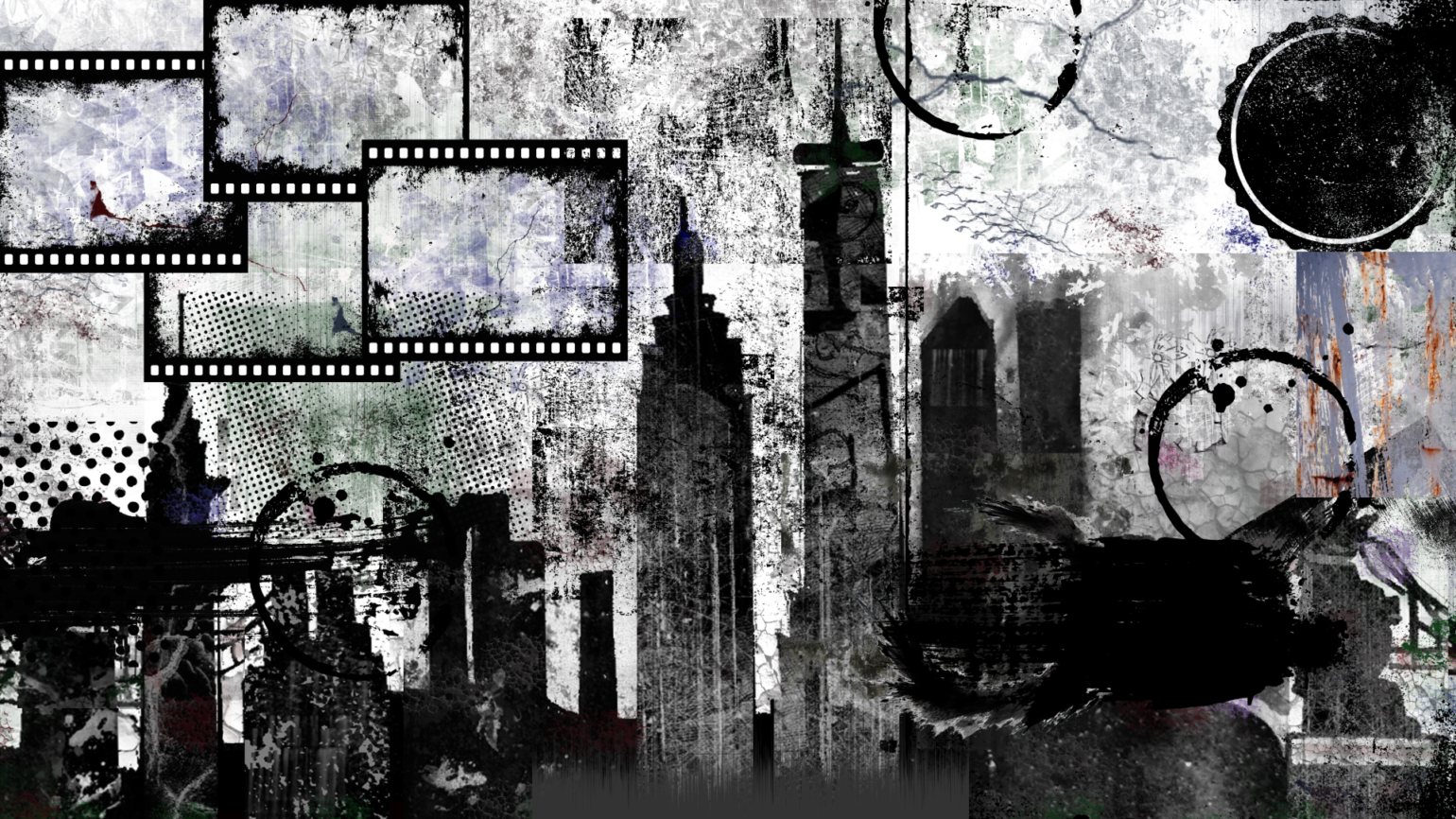 grunge design background with a black and gray NYC cityscape and grunge design elements in black.
